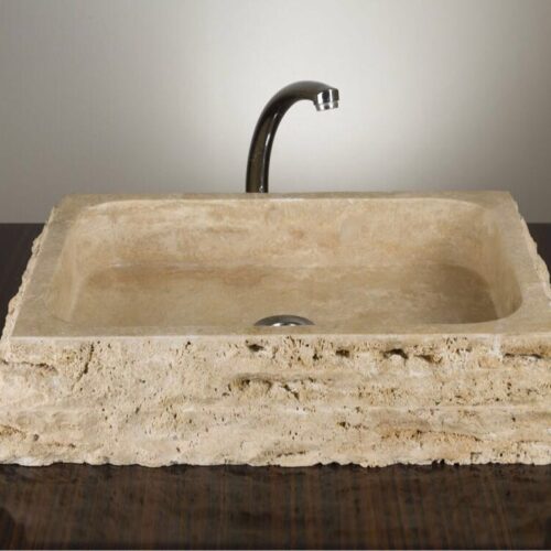 Chiseled Rectangular Natural Stone Vessel Sink - Light Travertine
