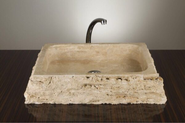 Chiseled Rectangular Natural Stone Sink 1 Chiseled Rectangular Natural Stone Vessel Sink - Light Travertine