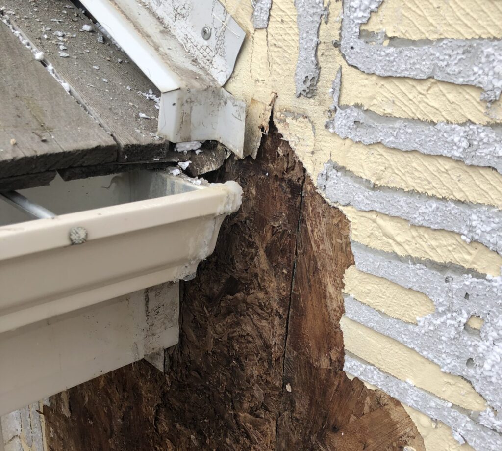 Kick-out flashing area inspected for water damage in Edmonton
