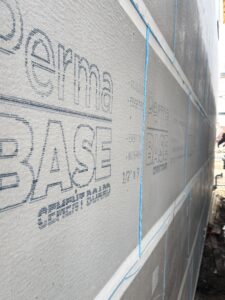PermaBASE cement board used in an exterior stucco rainscreen assembly