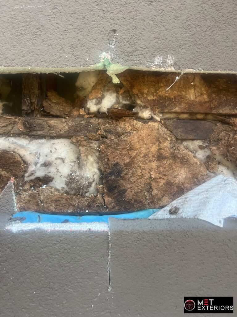 Rotten wood framing discovered beside exterior cladding and metal flashing