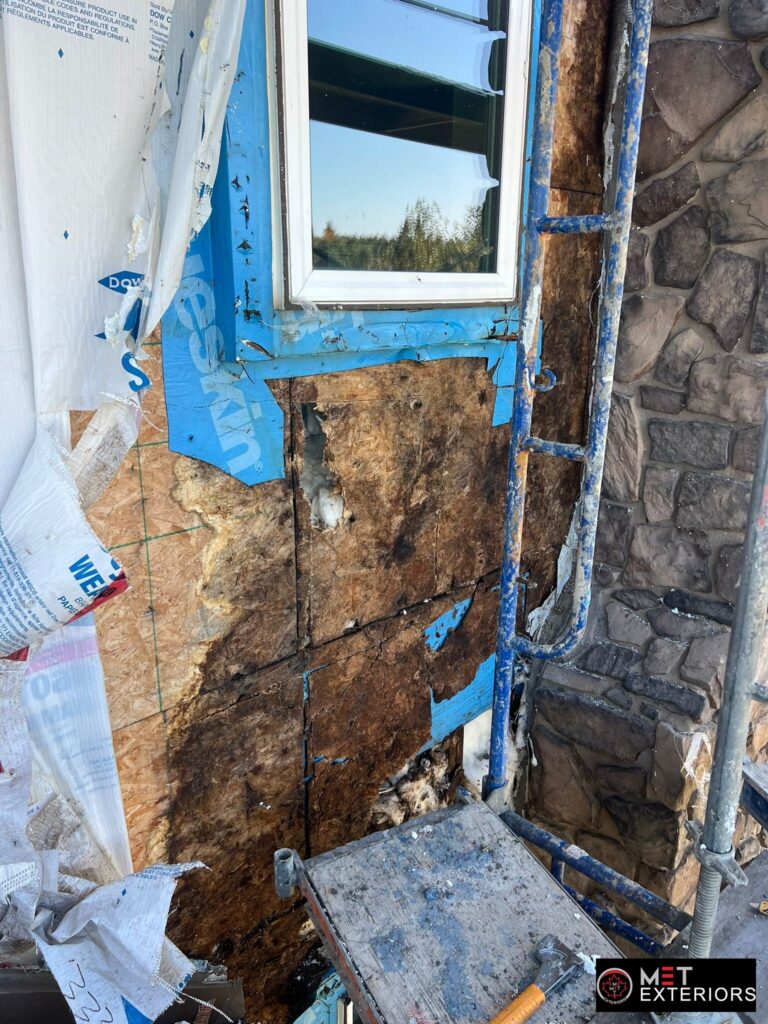 Severe concealed exterior water damage behind cladding in Edmonton Alberta
