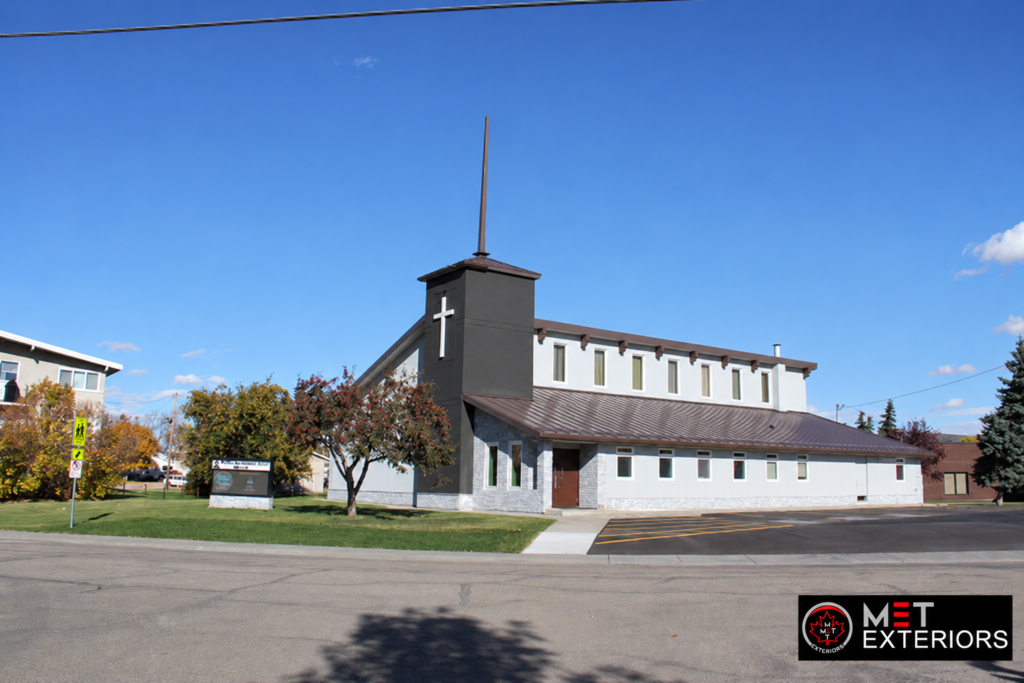 Renovated church exterior in Leduc Alberta with EIFS and split-face stone by Met Exteriors