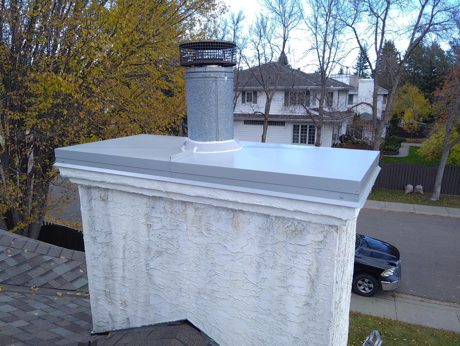Residential chimney metal cap and flashing detail