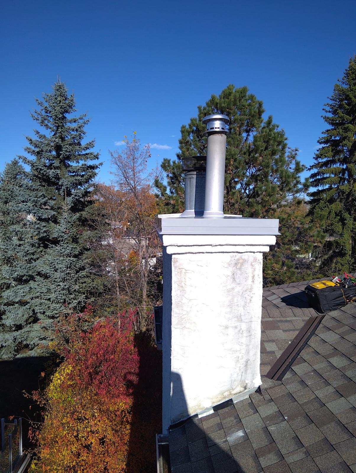 Metal chimney cover perimeter flashing installation